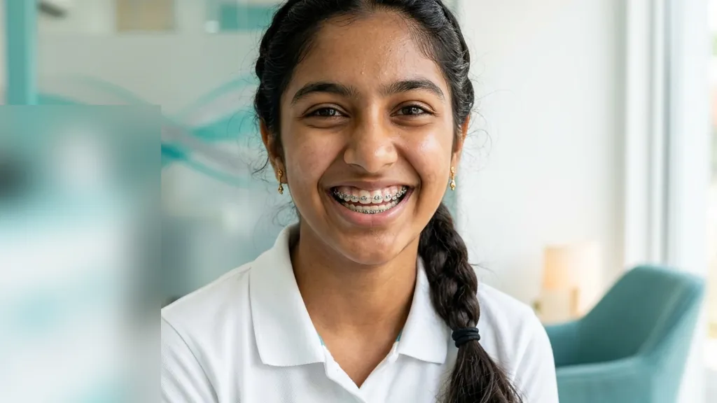 Braces treatment – teenage girl smiling with metal braces