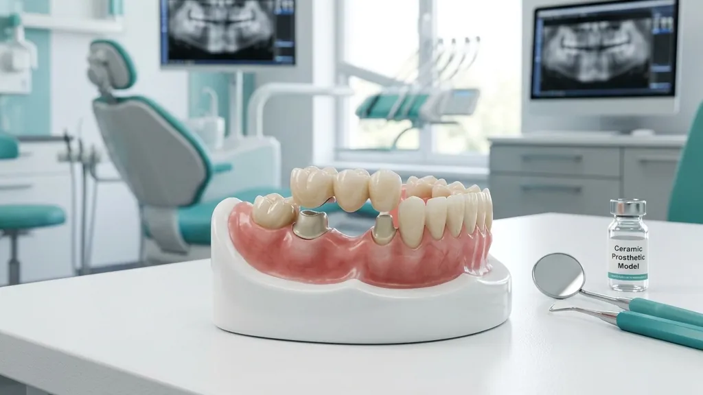 Partial denture and dental bridge model on a dental clinic table
