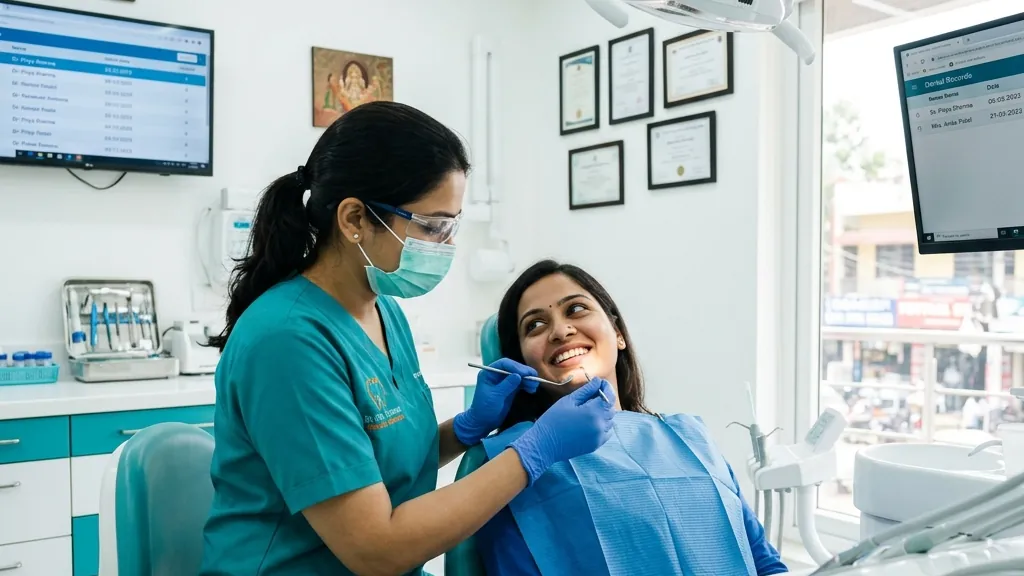 Dentist examining a smiling woman's teeth during a dental check-up