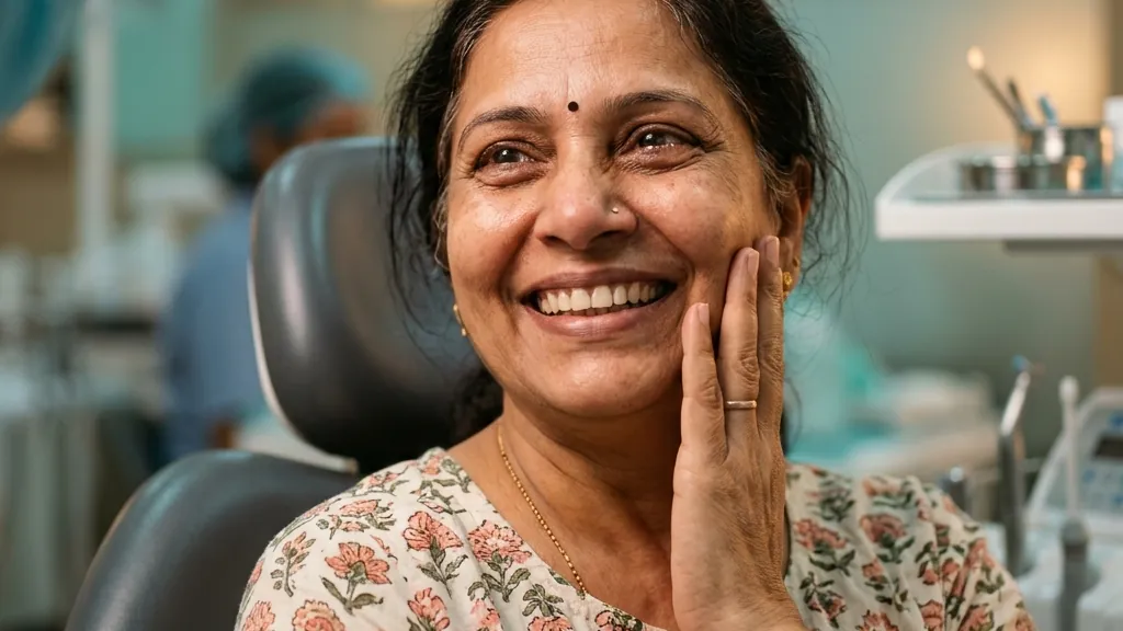 Woman in a dental chair with her hand on her cheek, smiling after toothache relief
