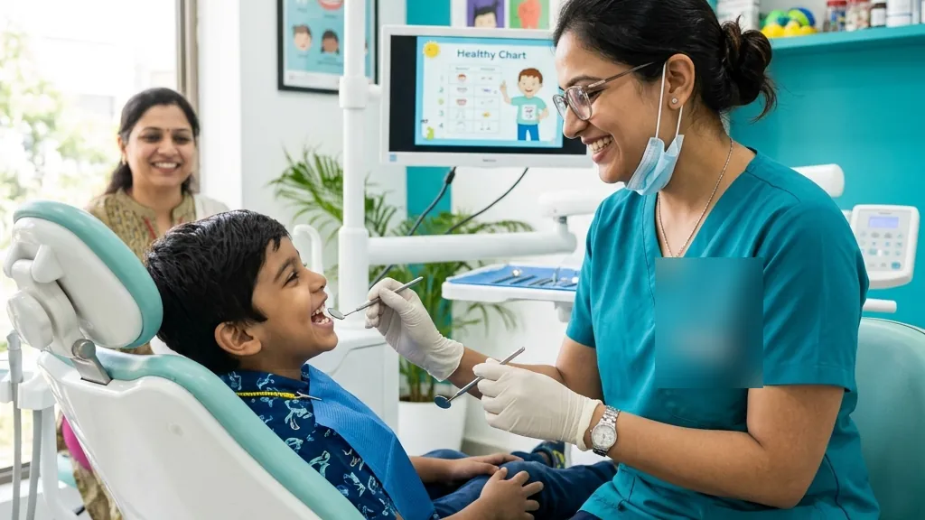 Smiling boy in a dental chair during a children's dental visit