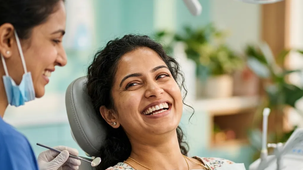 Dentist examining a smiling woman during an oral cancer screening