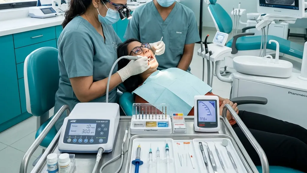 Dentist and assistant performing endodontic treatment on a patient