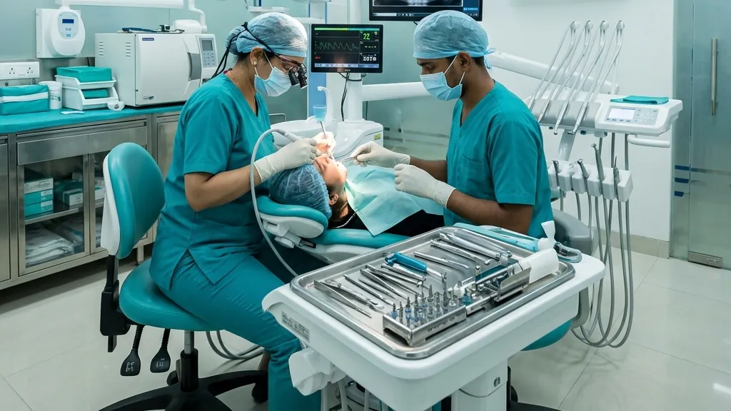 Dental team performing a tooth extraction in a surgical treatment room